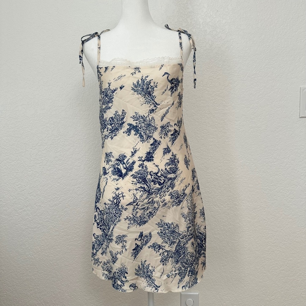 Cider Toile de Jouy Slip Mini Dress Dainty Blue Cream Lace Trim Tie Shoulder